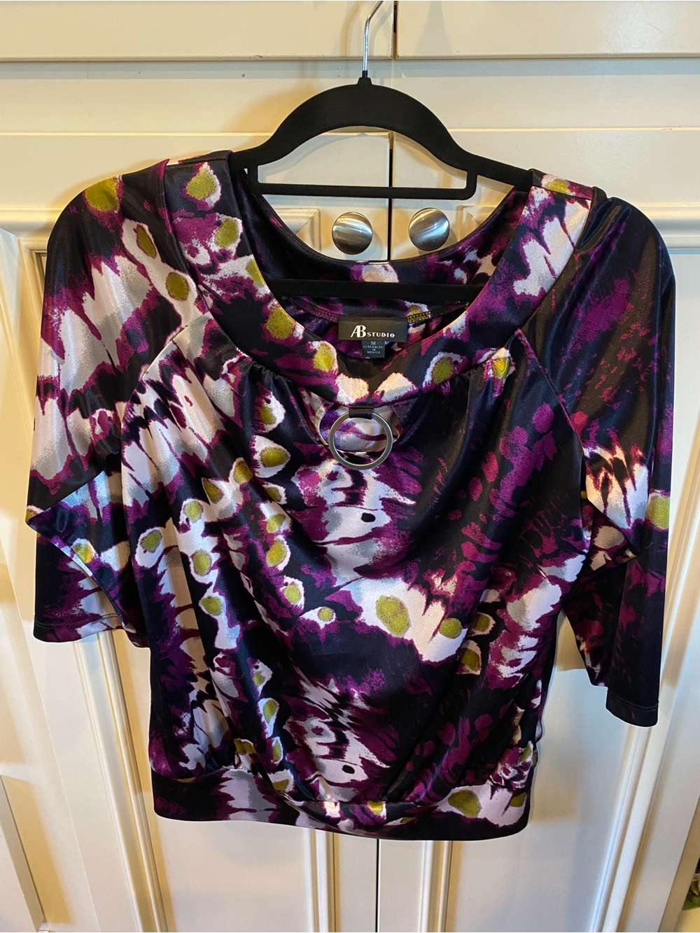 AB Studio Purple Print Drape-Neck Blouse with Ring Detail